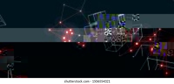 Vector Illustration of a distorted glitch background. Glitched glowing plexus structure in a style of 80's. Wallpaper in a cyberpunk style. Creative graphic design for poster,brochure,flyer and card.