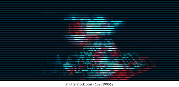 Vector Illustration of a distorted glitch background. Glitched glowing plexus structure in a style of 80's. Wallpaper in a cyberpunk style. Creative graphic design for poster,brochure,flyer and card.