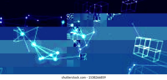 Vector Illustration of a distorted glitch background. Glitched glowing plexus structure in a style of 80's. Wallpaper in a cyberpunk style. Creative graphic design for poster,brochure,flyer and card.