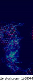 Vector Illustration of a distorted glitch background. Glitched glowing plexus structure in a style of 80's. Wallpaper in a cyberpunk style. Creative graphic design for poster,brochure,flyer and card.