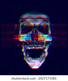 Ilustración vectorial de un cráneo distorsionado de estilo glitchy. Arte digital con pixeles de colores pixelados. Fondo oscuro, futurista con efectos de neón azul y violeta brillantes. Concepto de ciberhorror.