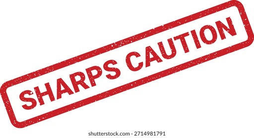 Ilustración vectorial de un sello rojo afligido con 'SHARPS CAUTION', adecuado para etiquetas de seguridad y advertencia de atención médica.
