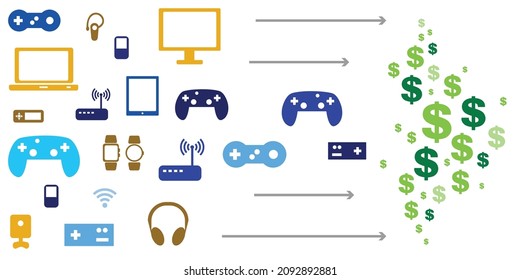 vector illustration of distribution of money and different gaming devices for videogame industry monetizing  