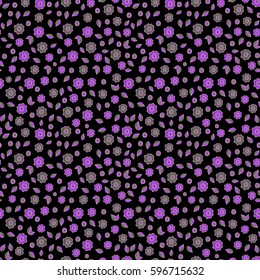 Vector illustration. Ditsy cute floral seamless pattern in green and violet colors. Stylized flowers on a black background.