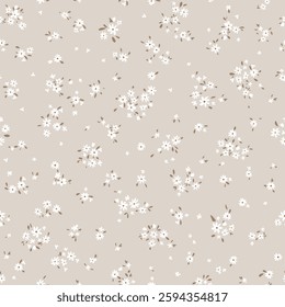 Vector illustration. Ditsy Floral seamless pattern of delicate tiny white flowers on a beige background, blooming flowers. Liberty pattern for textiles, packaging, fabric, sublimation printing