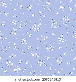 Vector illustration. Ditsy Floral seamless pattern of delicate tiny white flowers on a blue background, blooming flowers. Liberty pattern for textiles, packaging, fabric, sublimation printing