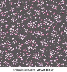 Vector illustration. Ditsy Floral seamless pattern of delicate tiny flowers on a black background, blooming flowers. Liberty pattern for textiles, packaging, fabric, sublimation printing