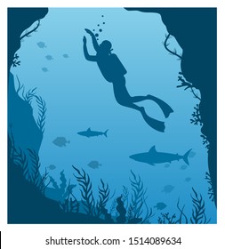 Vector illustration of dive deep in water. Silhouette of scuba diver, man in aqualung with lantern and coral reef, big fishes on a blue sea background in flat style.