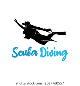 Vector illustration of a diver in the deep sea. Silhouette scuba diving 