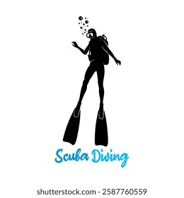 Vector illustration of a diver in the deep sea. Silhouette scuba diving 