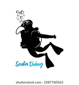 Vector illustration of a diver in the deep sea. Silhouette scuba diving 