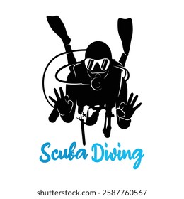 Vector illustration of a diver in the deep sea. Silhouette scuba diving 