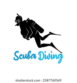 Vector illustration of a diver in the deep sea. Silhouette scuba diving 