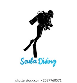 Vector illustration of a diver in the deep sea. Silhouette scuba diving 