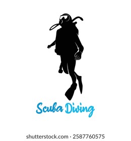 Vector illustration of a diver in the deep sea. Silhouette scuba diving 