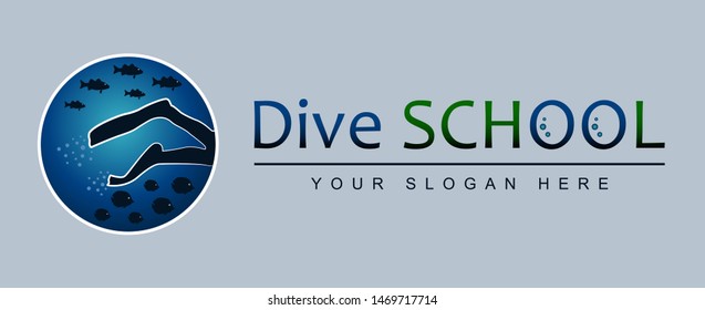 Vector illustration with diver fins, fish and water bubbles in circle. Dive school logo template.