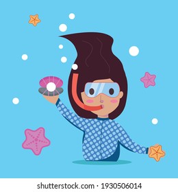 Vector illustration of a diver on a blue background: a girl diver catches molluscs in the ocean, sea.