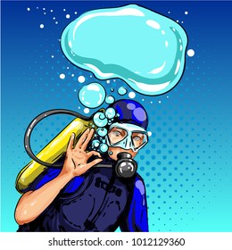 Vector illustration of diver showing ok hand sign. Swimming underwater man in scuba diving equipment in retro pop art comic style.