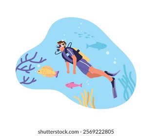 Vector illustration of a diver underwater in special equipment. Cartoon scene of a diver swimming with scuba diving, goggles, flippers,blue water with algae, fish,bubbles isolated on white background.