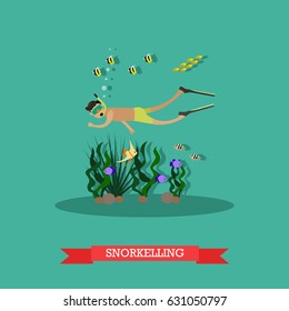Vector illustration of diver young man swimming under water. Scuba diving, snorkeling, beach activity, extreme water sports design element. Trip to Egypt concept flat style design.