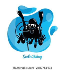 Vector illustration of divers in the deep sea. Scuba diving silhouette design