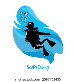 Vector illustration of divers in the deep sea. Scuba diving silhouette design