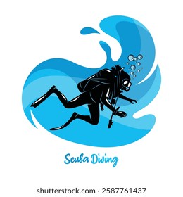 Vector illustration of divers in the deep sea. Scuba diving silhouette design