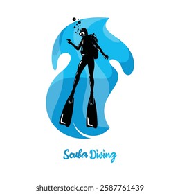 Vector illustration of divers in the deep sea. Scuba diving silhouette design