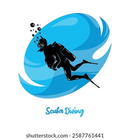 Vector illustration of divers in the deep sea. Scuba diving silhouette design