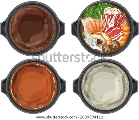 Vector illustration of diverse Asian hot pot broths and ingredients. Vibrant colors and detailed composition highlight culinary variety