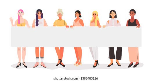 Vector illustration of diverse beautiful strong women with a placard that are fighting for their equality and rights, supporting each other. People at demonstration. Character design in a flat style.