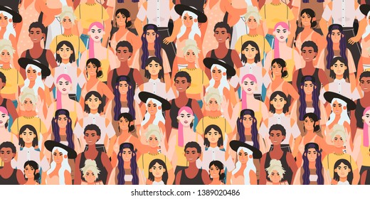 Imagen vectorial de las bellas mujeres bellas y fuertes que luchan por la igualdad y los derechos. Diseño del Día Internacional de la Mujer para envolturas, textiles, tela, papel pintado y otra decoración.