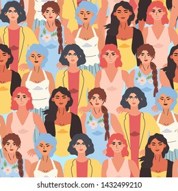 Vector illustration of diverse beautiful strong women that are fighting for equality and rights. International women day seampless pattern for wrapping, textile, fabric, wallpaper and other decor.