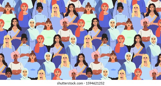 Vector illustration of diverse beautiful strong women on a demonstration, meeting or conference. International women day seampless pattern for wrapping, textile, fabric, wallpaper and other decor.