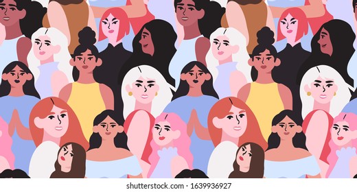 Vector illustration of diverse beautiful strong women that are fighting for equality and rights. International women day seampless pattern for wrapping, textile, fabric, wallpaper and other decor.