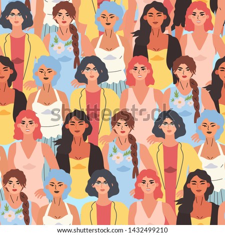 Vector illustration of diverse beautiful strong women that are fighting for equality and rights. International women day seampless pattern for wrapping, textile, fabric, wallpaper and other decor.