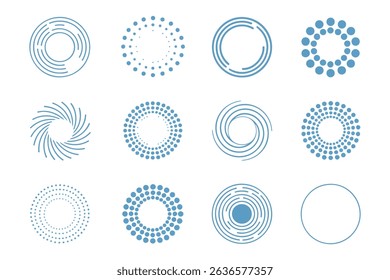 Vector illustration of diverse blue circular design elements on a clean white background.