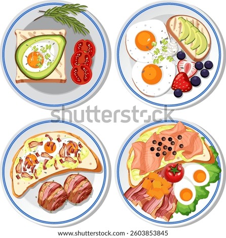 Vector illustration of diverse breakfast plates with vibrant colors, showcasing eggs, avocado, and fresh fruits in a clean layout