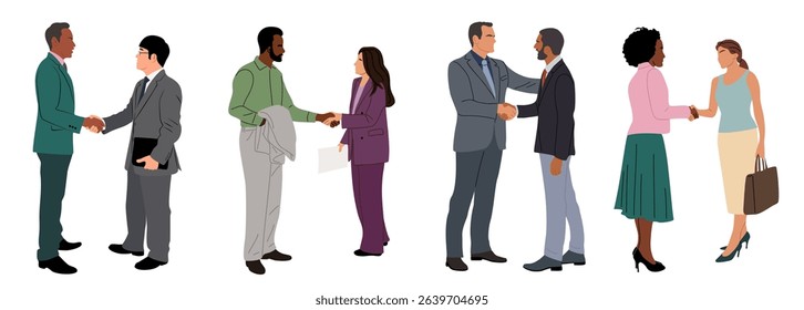 Vector illustration of diverse business people, men and women in smart casual and formal outfits, standing full length, shaking hands for greeting or deal, isolated on white background.