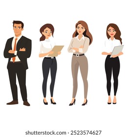 Vector illustration of a diverse business team featuring professional male and female characters in formal office attire, ideal for corporate, teamwork, and business concepts.