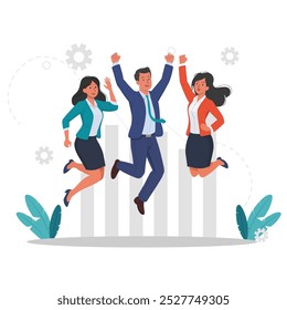 Vector Illustration of a Diverse Business Team Celebrating Success Together, Jumping with Joy and Enthusiasm in a Simple Flat Design