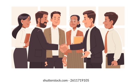 Vector illustration of a diverse business team engaged in a handshake meeting. The group appears professional and collaborative, showcasing teamwork and cooperation