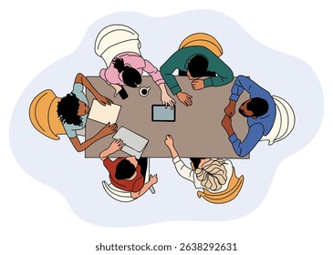 Vector illustration of diverse business team sitting around table in meeting or brainstorming session, top view. Office teamwork, collaboration, and corporate planning concept