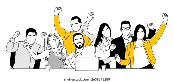 Vector illustration of a diverse business team celebrating success at work, showing unity, teamwork, motivation, and achievement with happy expressions and raised arms
