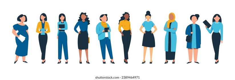 Ilustración vectorial de diversas mujeres empresarias en puestos de trabajo aisladas en fondo blanco 