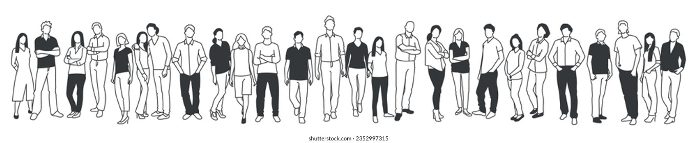 Ilustración vectorial de diversos hombres y mujeres de diversas etnias y tipo de cuerpo en ropa de oficina. Ilustración vectorial dibujada a mano. Blanco y negro.