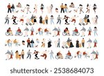 Vector illustration of diverse characters in everyday urban scenes. People walking dogs, skating, using wheelchairs, pushing strollers. Couples, families, individuals of various ages and ethnicities.