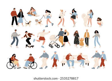 Vector illustration of diverse characters in everyday urban scenes. People walking dogs, skating, using wheelchairs, pushing strollers. Couples, families, individuals of various ages and ethnicities.