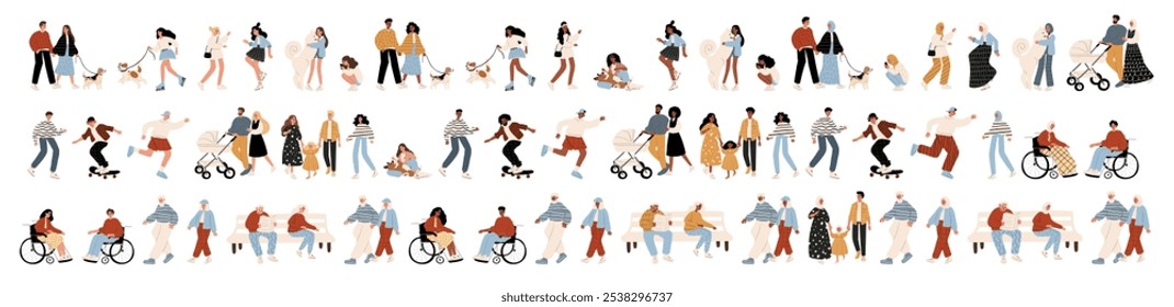 Vector illustration of diverse characters in everyday urban scenes. People walking dogs, skating, using wheelchairs, pushing strollers. Couples, families, individuals of various ages and ethnicities.