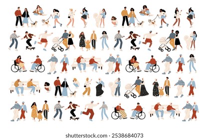 Vector illustration of diverse characters in everyday urban scenes. People walking dogs, skating, using wheelchairs, pushing strollers. Couples, families, individuals of various ages and ethnicities.